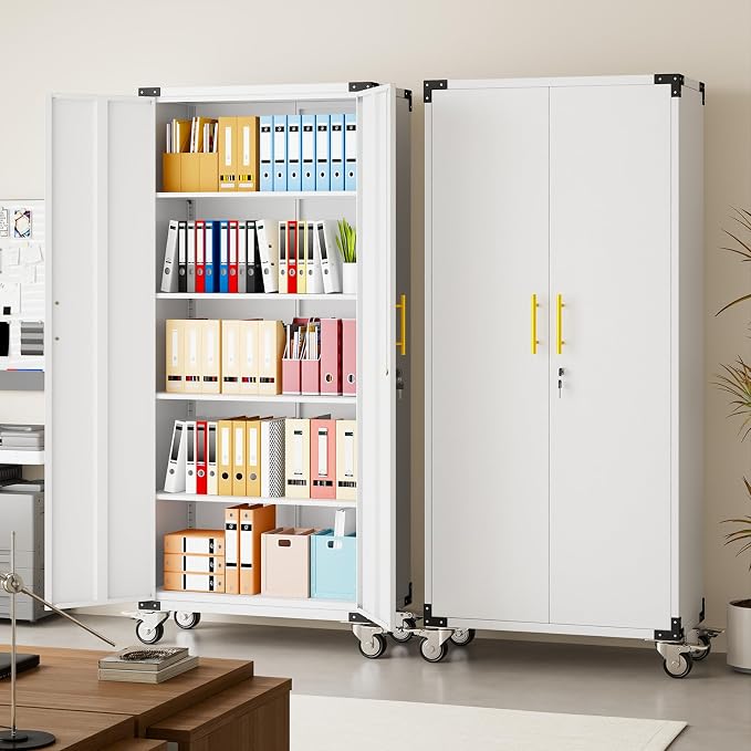 pozdeg 71" Tall Metal Rolling Garage Storage Cabinet with Lock & Wheels ﻿
