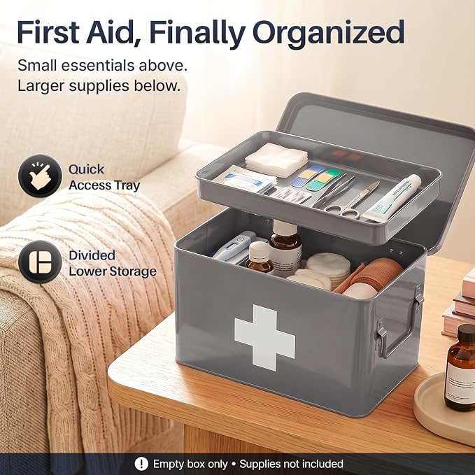 Flexzion Large Metal First Aid Box Empty, 13-Inch, Gray with White Cross | Vintage Medicine Box and First Aid Storage Organizer with Removable Tray and Dividers; Empty Box Only, Supplies Not Included
