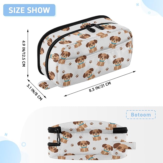 Cute Pets Puppies White pattern Large Capacity Pencil Case with Zipper Water Resistant Portable Organizer Pen Bag for Office Students School