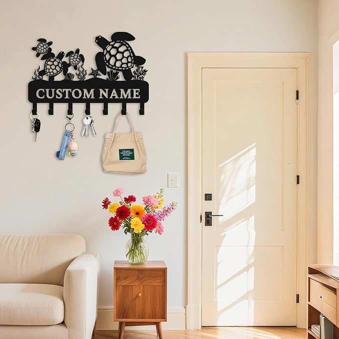Personalized Key Holder for Wall, Sea Turtle Custom Key Hooks | Sea turtle key organizer, metal key rack for beach house decor, coastal wall hooks, ocean lover and entryway decor