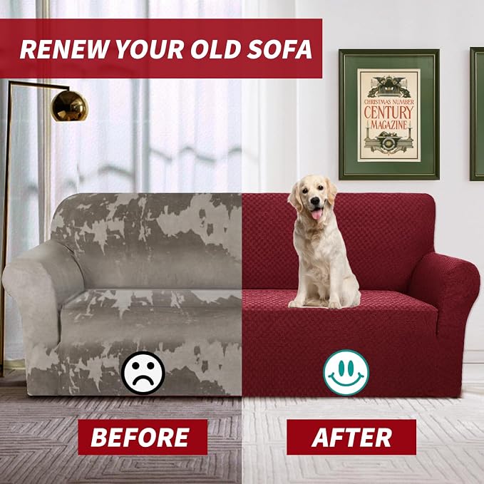YEMYHOM Couch Cover Latest Jacquard Design High Stretch Sofa Chair Covers for Living Room, Pet Dog Cat Proof Armchair Slipcover Non Slip Magic Elastic Furniture Protector (Small, Christmas Wine Red)