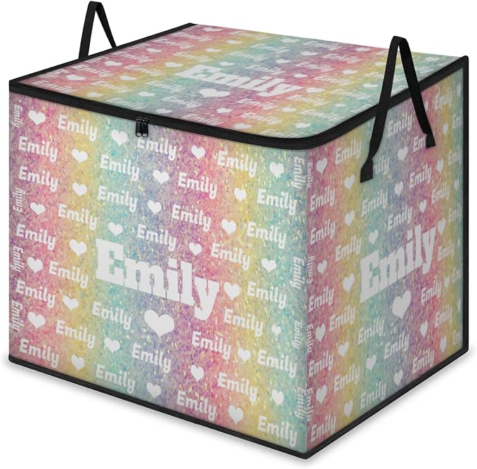 Custom Name Large Clothes Storage Organization with Lids, Bedding Clothes Towel Storage Bin Shelf Basket for Nursery, Gift Basket, Pet Basket, Light Colorful Glitters with Love Hearts