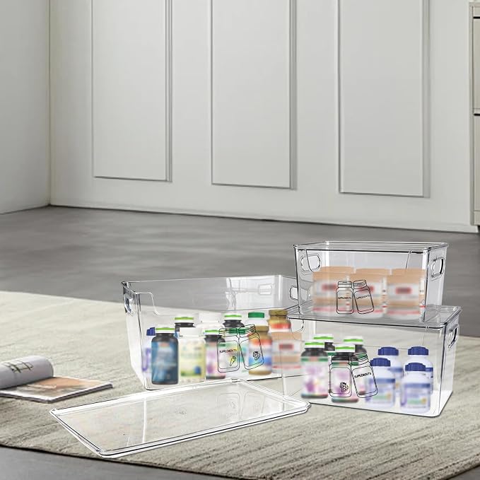 3 Pieces Supplement Bottle Organizer, Clear Plastic Vitamin Organizer with Lid and Handle, Stackable Pill Bottle Organizer, First Aid Box Empty for Vitamin, Medicine, Fish Oil & Supplements
