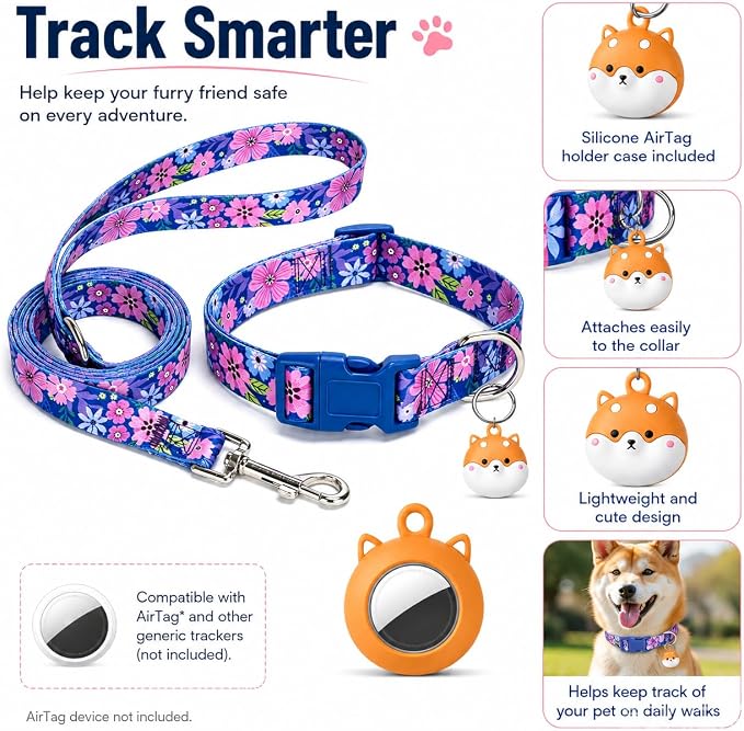 Floral Matching Dog Collar and Leash Set with AirTag Holder-Dark Flower/S | Anti-Lost,Adjustable Durable Pet Collar Leash Combo for Small Boy Girl Dogs,for Outdoor Walking Hiking Training Running