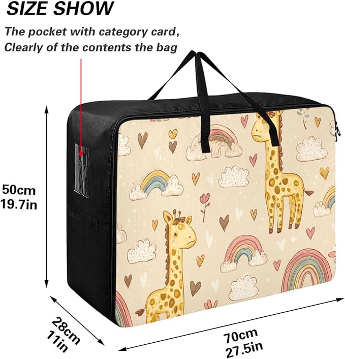Comforter Storage Bags Large Folding Blanket Organizer Bag with Strong Handles Clear Window Closet Storage Containers for Clothes King Queen Pillows Bedding Quilt Duvet Cute Giraffes Rainbows C