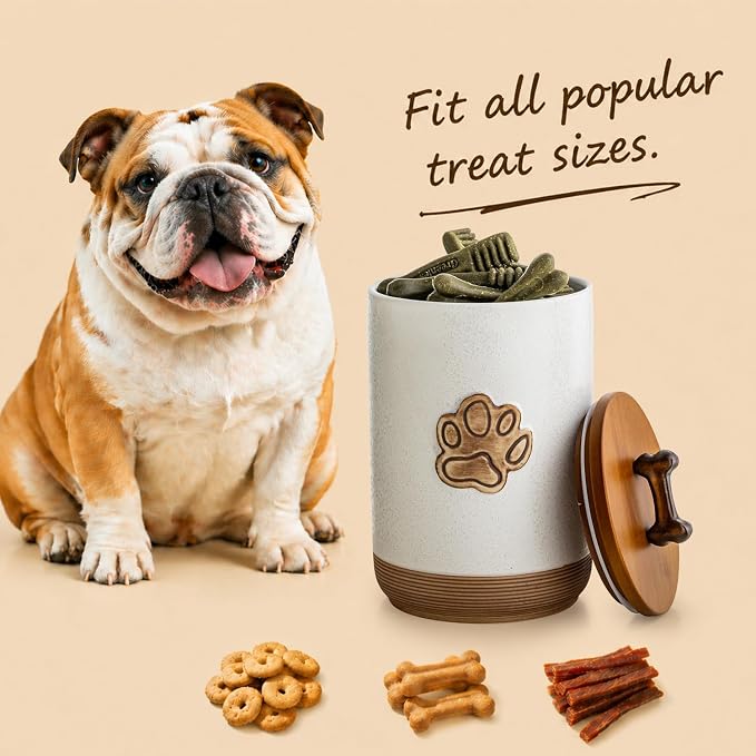 Miamolo Dog Treat Container Airtight Jar with Lid, Keep the Pet Treat Fresh | 8 Cups Small Dog Food Storage Container for Counter | Ceramic Farmhouse Dog Biscuit Jar | Dog Lovers Gift, Paw Glinting White