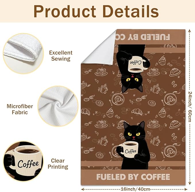 WwongxianB Black Cat Kitchen Towels Decorative Set of 2, Vintage Coffee Towel Hand Towels Highly Absorbent Dish Cloths 16x24 Inches, Bathroom Dining Room Decor, Cat Lovers Gifts -01