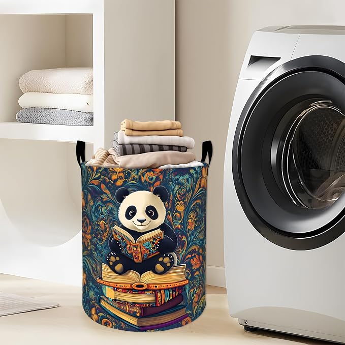 Panda Book Laundry Basket, Reading Animal Bookshelf Storage Hamper, Round Collapsible Waterproof Cloth Bin, 19.7x15.7 Inch Bookish Clothes Organizer Gifts for Bathroom Decor