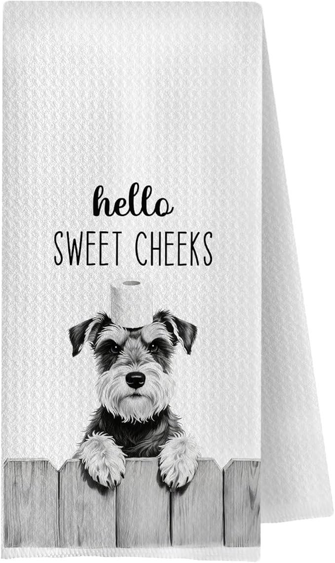 Farmhouse Funny Schnauzer Dog Hand Towels, Hello Sweet Cheeks Bathroom Decor, Schnauzer Lover Gifts Decorative Hand Towels for Bathroom Washroom Restroom, 16x24 Inch