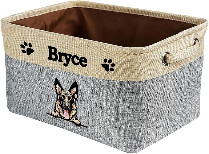 Custom Fabric Dog Toy Storage Basket with Cute Dog German Shepherd Collapsible Sturdy Fabric Pet Toys Storage Bin Cube with Handles for Organizing, Grey and White