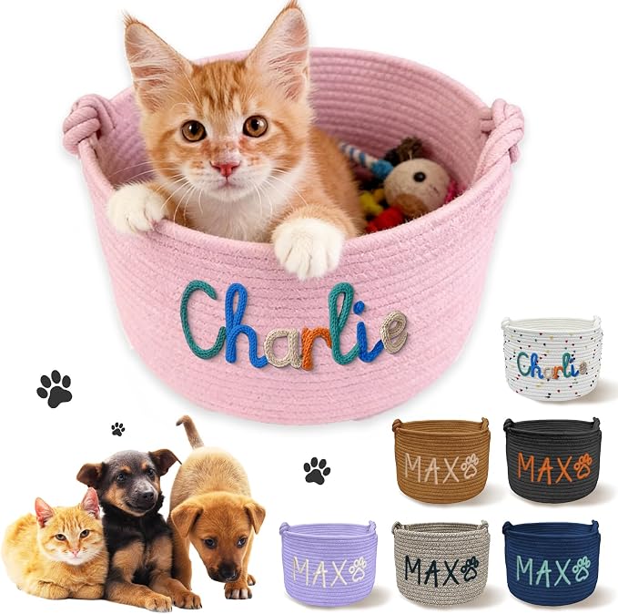 Personalized Dog Cat Toy Basket, Custom Cotton Rope Storage Basket with Name for Pet Supplies, Customized Puppy Kitten Organizer for Snacks, Toys, Blankets – Easter Birthday Gift for Pets