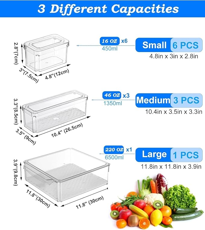 KUMD 10 Pack Food Storage Organizer Bins, Clear Stackable Containers | Organizer bins with lids for food packets, snacks, spice pouches, tea & dry goods. Fits pantry, kitchen cabinet & countertop