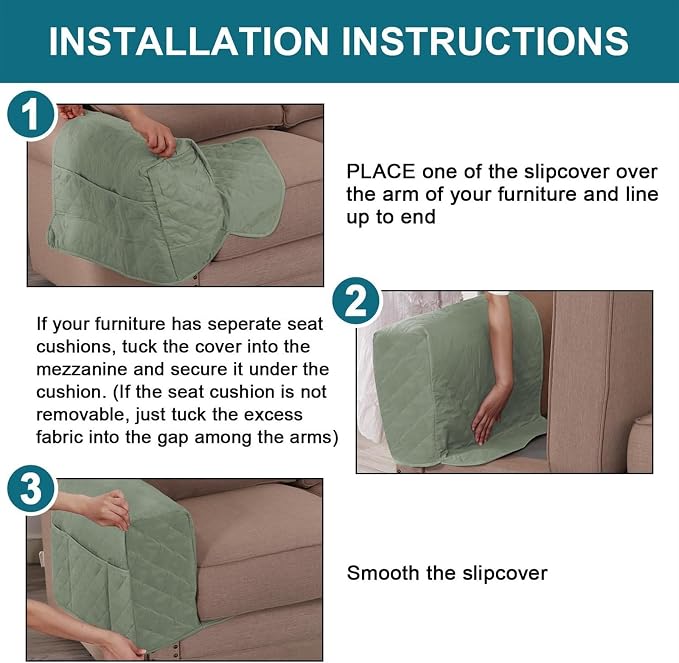 2 Pcs Waterproof Couch Arm Covers Dirty-Resistant Anti-Scratch Arm Rest Covers for Sofa with Side Pocket Anti-Slip Arm Chair Covers, Armrest Organizer(Green)