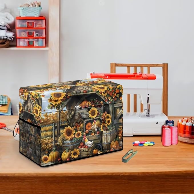 Sunflower Chicken Coop Sewing Machine Cover with Storage Pocket, 17.7 x 8.6 x 12.6 inches , Heavy-Duty Water-Resistant Fabric , Dust & Pet Hair Protection , Fits Brother, Singer, Janome