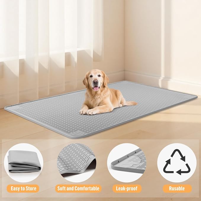Silicone Dog Bed Mat 50"x 35" Crate Mat for Dog Cages, Dark Grey | Extra Large Kennel Mat with Raised Edge, Washable, Leakproof, Waterproof Dog Mat for Crate, Dog Floor Mat to Protect Floors
