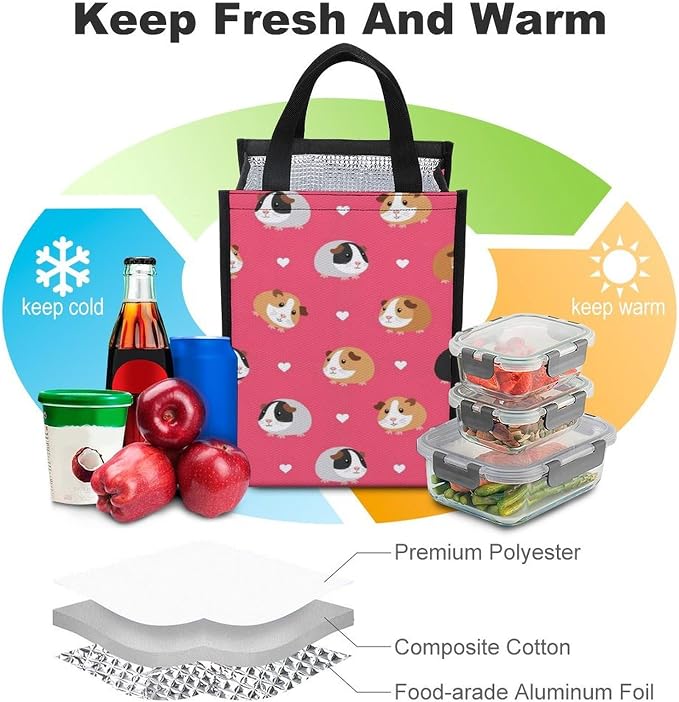 Reusable Insulated Lunch Bag Portable Thermal Lunchbox Compatible with Love Heart Guinea Pig Pet Lunch Cooler Tote Food Organizer for Office Travel