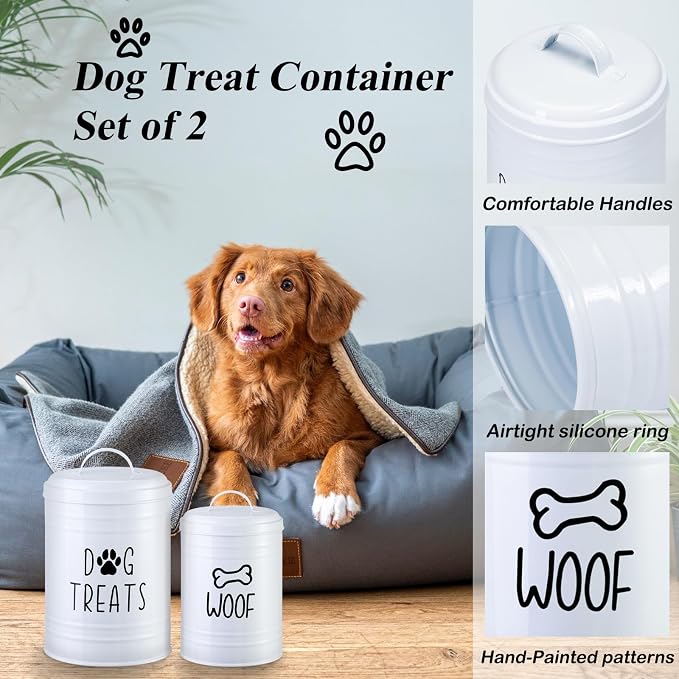Dog Treat Container Airtight Set of 2, 9x5.5''&7x4'', 12Cup Capacity(White) | Large Capacity Dog Treat Jar Suitable All Popular Treats,Airtight Lid Keep Food Fresh,Dent-Resistant Durable Metal Cookie Jar