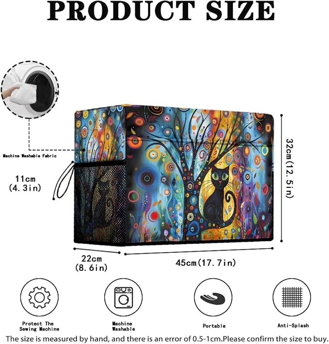 Abstract Art Cat Sewing Machine Cover with Storage Pocket, 17.7 x 8.6 x 12.6 inches, Heavy-Duty Water-Resistant Fabric, Dust & Pet Hair Protection, Fits Brother, Singer, Janome