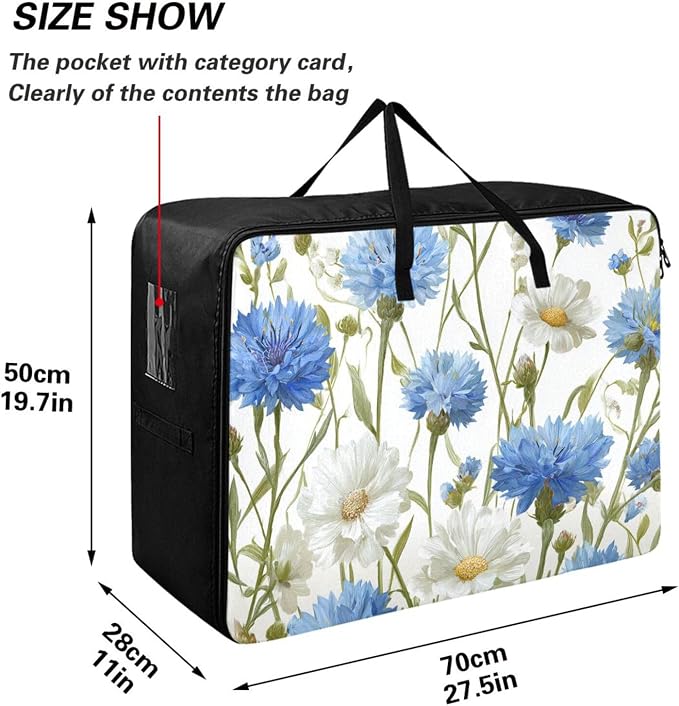 Comforter Storage Bags Large Folding Blanket Organizer Bag with Strong Handles Clear Window Closet Storage Containers for Clothes King Queen Pillows Bedding Quilt Duvet Blue Cornflowers Butterf