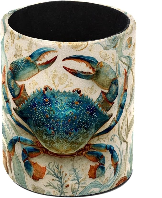 Faux Leather Pen Holder for Desk, Pencil Organizer Blue Crab Pen Cup Desk Decor Makeup Brush Holder Storage for Office Home