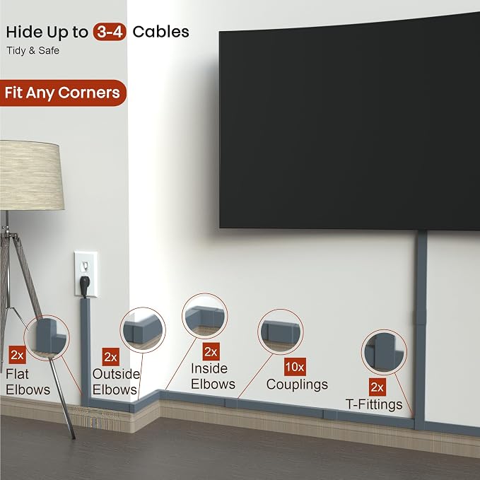 Grey Cable Cover Cord Hider - 157in Wire Hider on Wall Mounted, Grey Cord Cover Kit for Wall Mounted TV, Hide Wires Along Wall, Decorative Cable Raceway, Electrical Cable Concealer, Gray Cable Channel