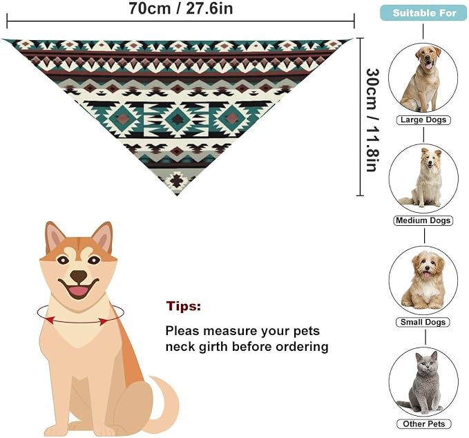 Adjustable Comfy Pets Triangle Scarf for Small, Medium, Large Dogs and Cats Running, Walking, Outdoor Activities Use (Teal Turquoise Tribal Navajo Aztec Geometric Ethnic Pattern)