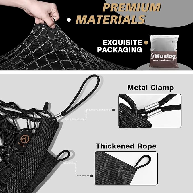 Muslogy Cargo Net for 2017-2022 Honda CR-V Accessories | Custom Fit, Trunk Storage Organizer Net for SUV Sedan Van Divider, with Heavy Duty Carabiners, Night Visible Grab Handle