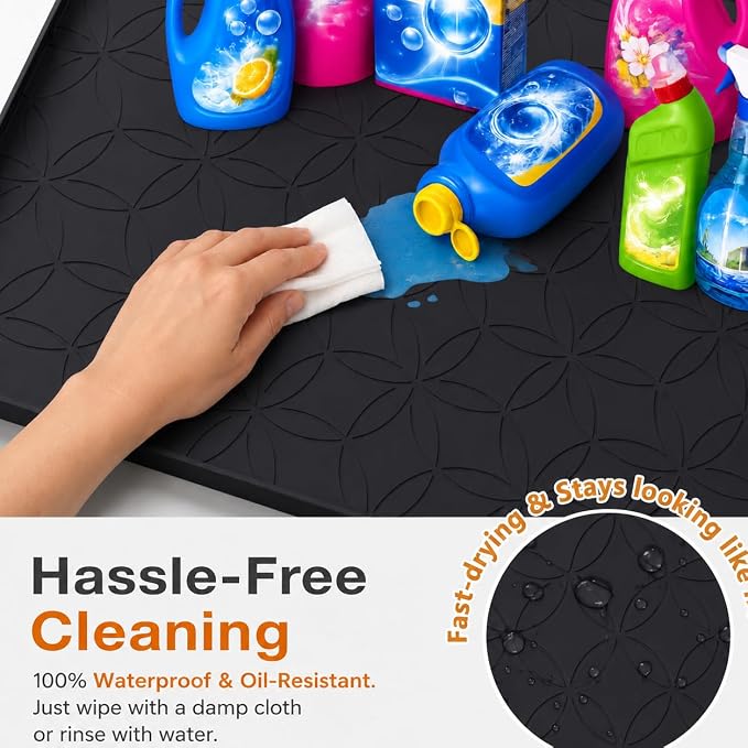 34"x22" Waterproof Cabinet Protector Silicone Under Sink Tray(Black) | Thick Silicone Under Sink Drip Tray with Protective Lip, Flexible Anti-Slip Mat for Kitchen, Bathroom, Laundry & RV