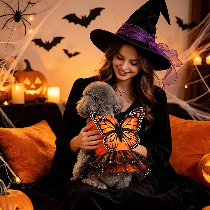 Dog Halloween Dress Costume in Non-Woven Tulle & Butterfly Wings | Puppy Clothes with Detachable Wings - Vest Princess Skirt for Small Medium Dogs Cats, Holiday Birthday Cosplay Pet Apparel M