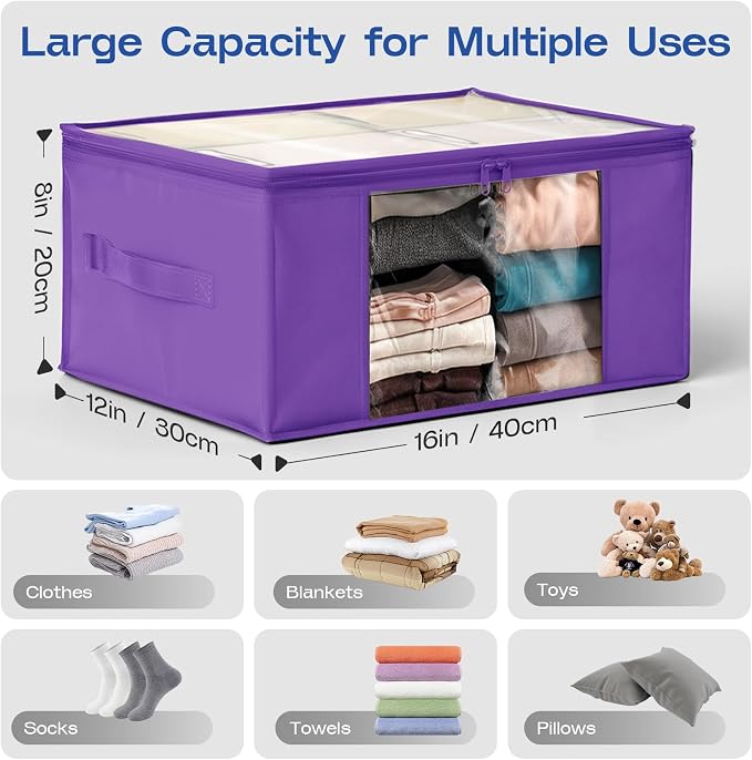 Clothes Storage Bags, Foldable Thick Fabric Blanket Storage Bags, Large Clear Window & Carry Handles, Great for Clothes, Blankets, Closets, Pillows (Purple, 4PACK)