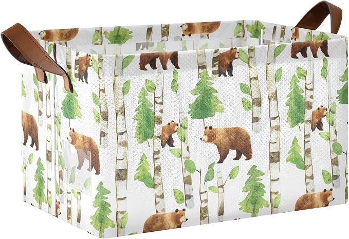 Watercolor Woodland Bear Forest Animal Baby Storage Basket with Labels&Handles Rectangular Waterproof Nursery Storage Bins Collapsible Shelf Organizer Baskets for Kids Books Cloth Gift Toys Laundry