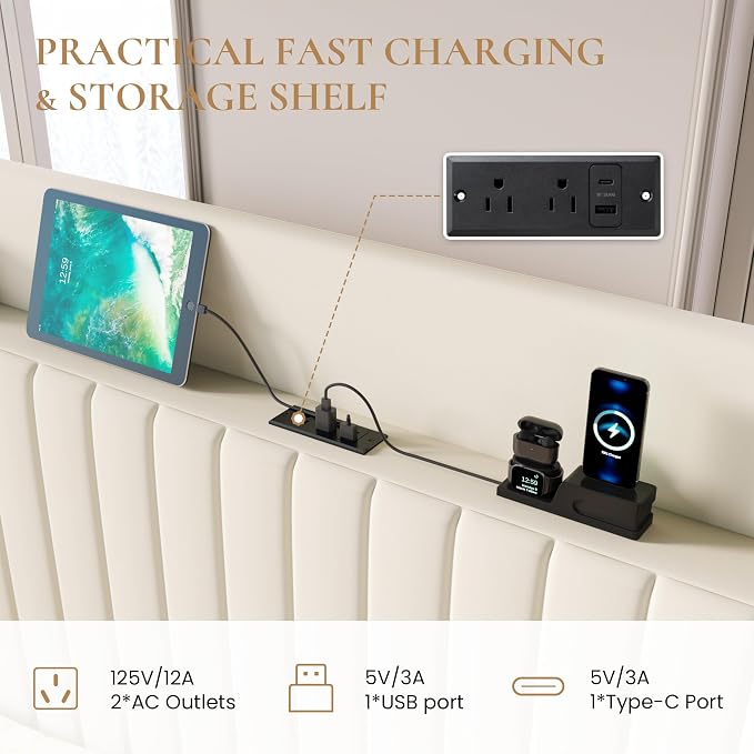 SHA CERLIN King Size Lift Up Storage Bed Frame, Charging Station, Cream | Storage Headboard with Charging Station, USB, Type-C Port Velvet Hydraulic Storage Bed No Box Spring Needed Noise Free