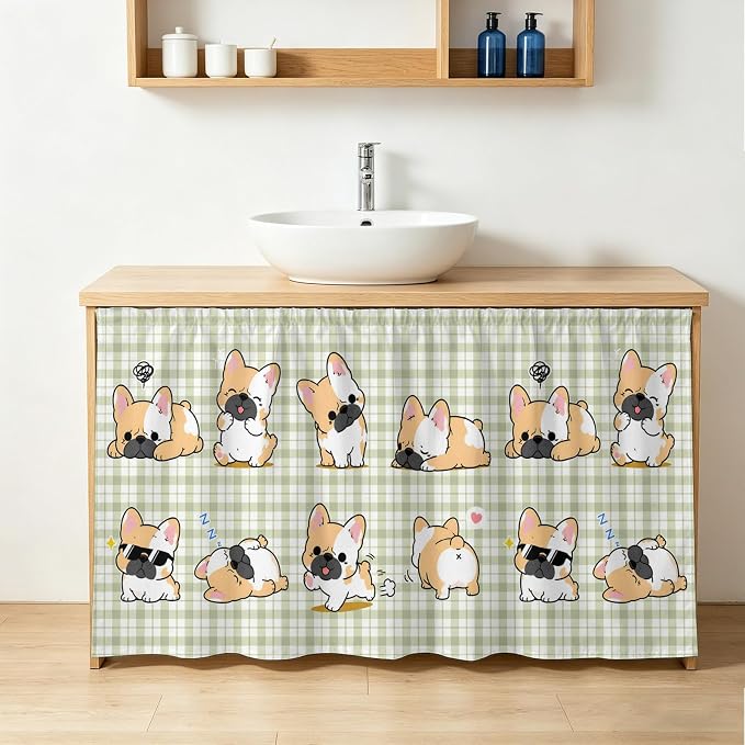 Cute Puppy Cabinet Curtains 28"x51" Sink Skirt for Bathroom Kitchen, Sage Green Plaid Modern Funny Dogs Pet Self Stick Adhesive Under Desk Covers Tall Laundry Cabinet Storage Organizer