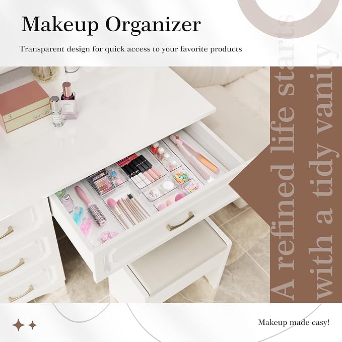 14 PCS Clear Plastic Drawer Organizer Set - 5 Large Size Versatile Kitchen and Bathroom Organizer Trays, Non-Slip Storage Bins for Makeup, Utensils, Tool and Office Desk