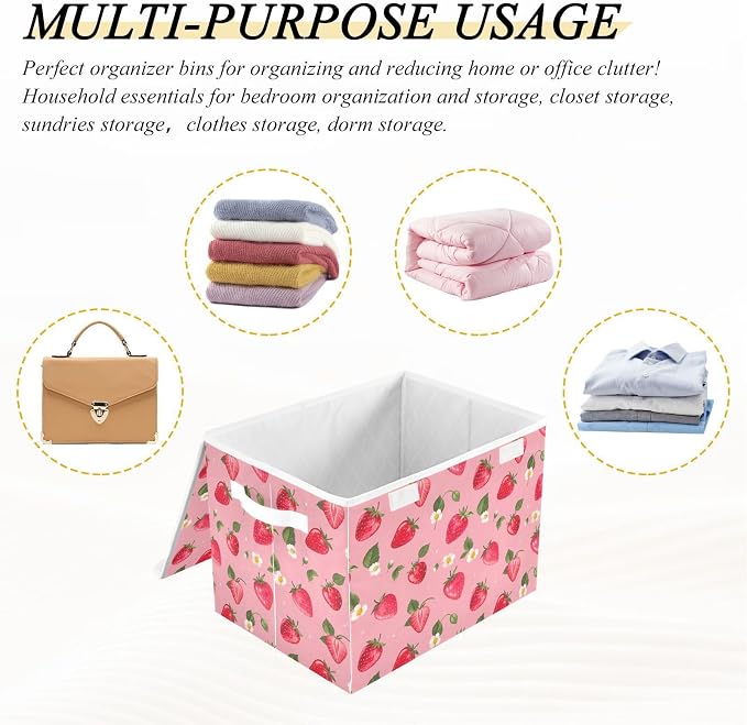 Storage Bins with Lid Strawberry Daisy Foldable Storage Boxes 40L Baskets | Decorative Storage Boxes, 300D Oxford Cloth, Hollow Board Frame, Flip Top Velcro Lid, 16.5x12.6x11.8 inch, Collapsible Design