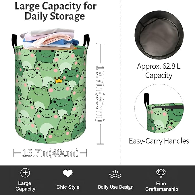 Cartoon Frog Laundry Basket, Adorable Frogs Face Foldable Oxford Cloth, Waterproof Dirty Clothes Hamper with Handles, Clothing Storage Bin Toy Organizer for Bedroom Dorm Bathroom, 19.7"x15.7"