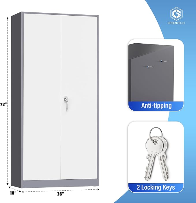 Greenvelly Metal Storage Cabinet with Doors and Shelves, 72" Inch Locking Metal Cabinet,Garage Storage Cabinet for Garage Office School Warehouse (White Gray)