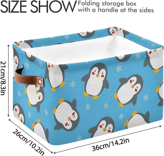Christmas Snow Penguin Blue Print Rectangular Storage Bin Basket with Handles - Organizer Bins Laundry Storage Basket for Pets Room Books Closet