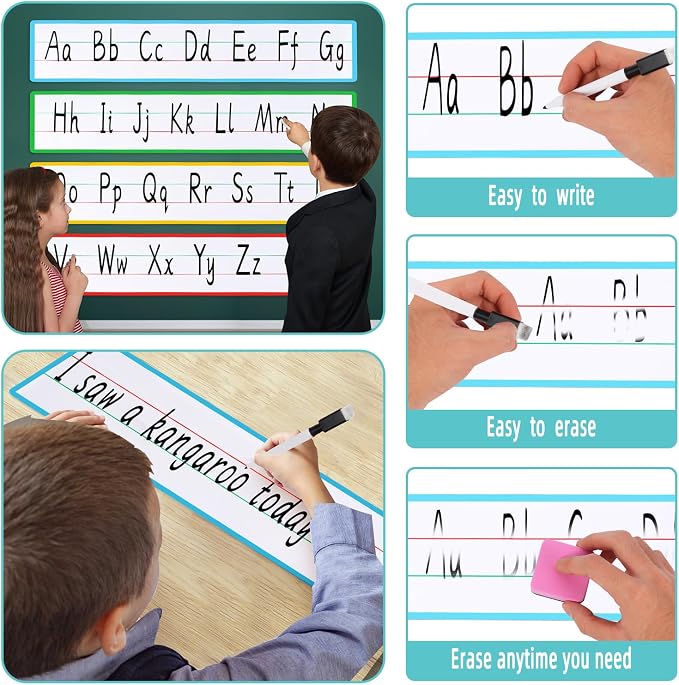 4 Sheet 23.6×5.9inch Dry Erase Magnetic Sentence Strips for Classroom Whiteboard & Fridge Handwriting Lined Paper for Home Teacher Must Haves Word Alphabet Practice Tool