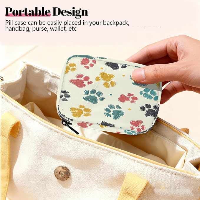 Weekly Pill Organizer Travel Size Bag with Removable 7 Day Pill Box Portable Vitamin Case Purse with Zipper,Vintage Pet Paws Beige