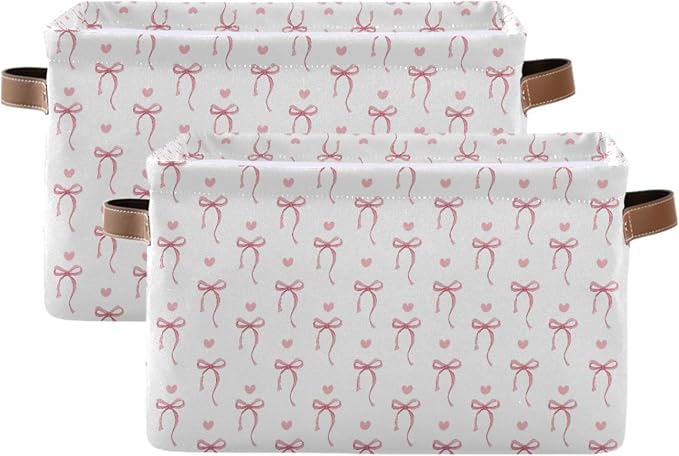 Wamika Pink Ribbon Bow Storage Basket with Waterproof Liner and PU Handles White Bow Tie Cute Storage Bins Boxes 14.2" Collapsible Decorative Organizer Baskets for Bedroom Closet Office 2 Pack