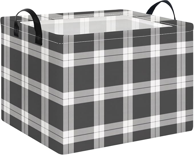 NTAOHAMPER Rectangular Storage Basket Empty,Storage Bin with Handles,Room Decor,Gift Basket,Book Box(Black Grey White Plaid)