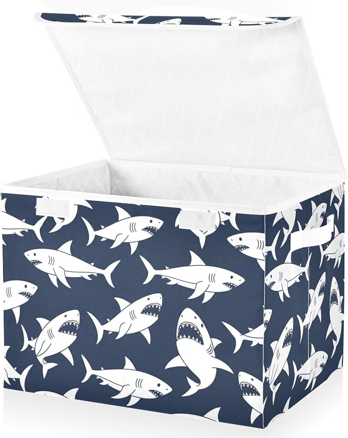 Ocean Angry Sharks Storage Bins with Lids Closet Bedroom 40L Storage Basket | Decorative Storage Boxes, Foldable & Stackable, Dust-Proof Flip Top, Reinforced Handles, For Home & Dorm, Clothes & Toy Box