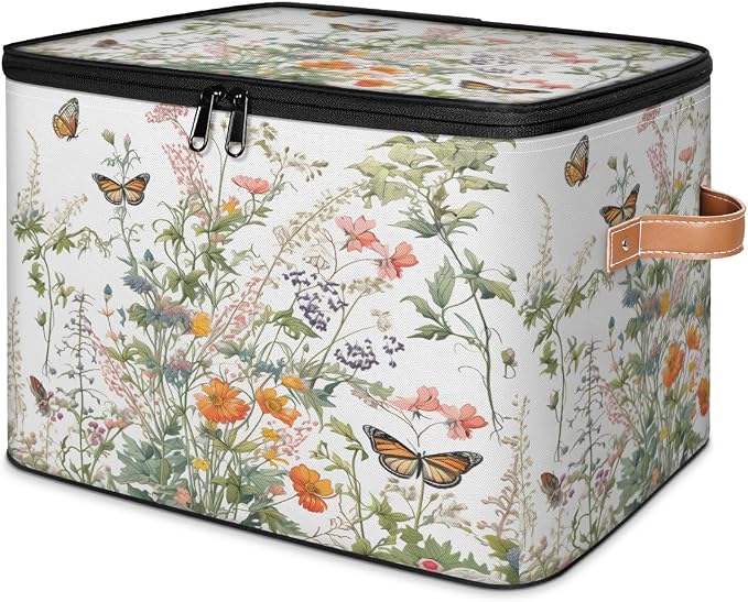 Pardick Storage Bin Wild Floral Butterfly Storage Baskets with Zipper Lid & Handle Foldable Closet Shelf Cloth Organizer Basket Cube Bins Clothes Organizer for Nursery, Bedroom