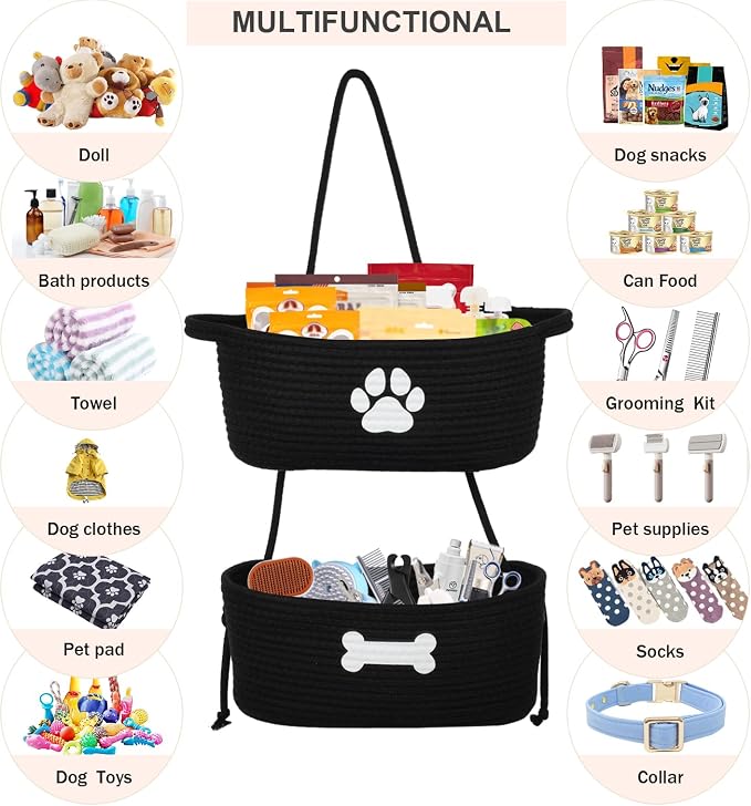 2-Tier Dog Baskets,Over Door Hanging Oganizer for Pet Stuff with Metal Hooks,Cotton Rope Wall-Mounted Storage Organizer for Dog Leash/Harness/Small Toys/Trash bag - Black