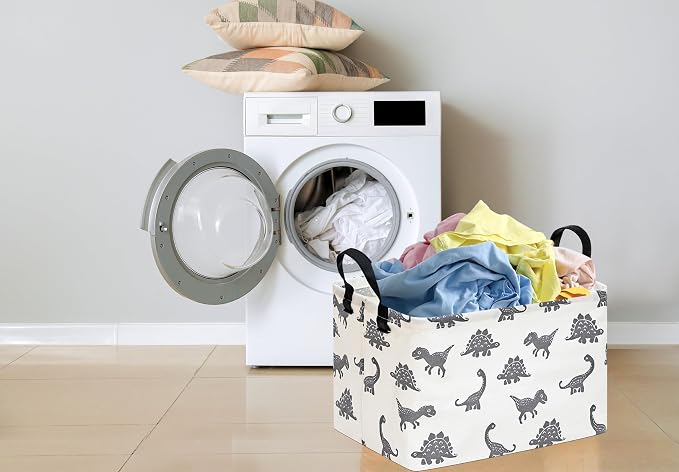 Baby Storage Basket Nursery Box Laundry Hamper Organization Bins for Toys and Clothes with Handles (Grey Dinosaur)