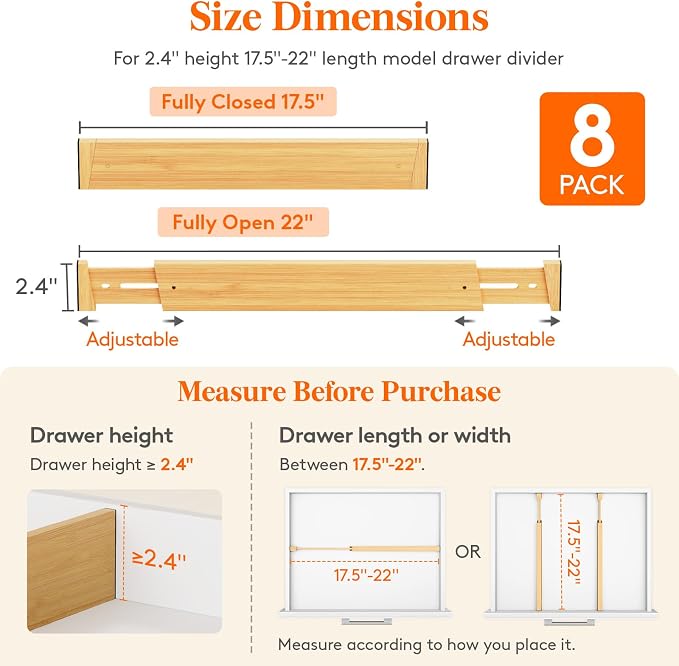 Lifewit 2.4" Kitchen Drawer Dividers, Adjustable Bamboo Drawer Organizers | 8 Pack 17.5"-22" Expandable Drawer Separator for Clothes, Utensils, Dresser, Cabinet, Closet, Nursery Organization & Storage