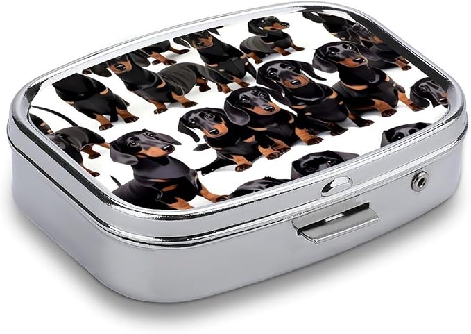 Metal Pill Organizer 2 Compartment Travel Pill Case with Mirror Waterproof & Leak-Proof Dachshund Weiner Pet Dog Pill Boxes for Daily Meds Vitamins Supplements Fits in Purse Pocket Bag