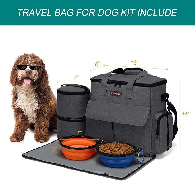 Modoker Weekend Dog Travel Bag with 2 Food Bags, 2 Bowls and Mat, Dark Gray | Dog Travel Accessories Organizer for Camping and Road Trips with Roomy Storage, Multiple Pockets and Water-Resistant Oxford