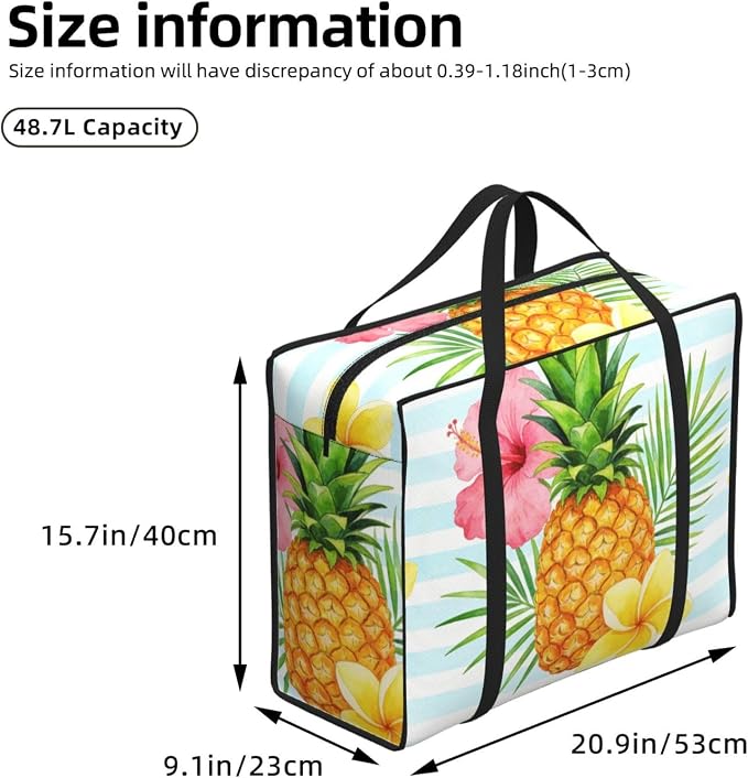 48.7L Moving Totes Pineapple With Tropical Flowers On Blue Stripes, Sturdy Waterproof Storage Totes with Comfortable Carry Handles for Moving & Storage and Seasonal Clothes
